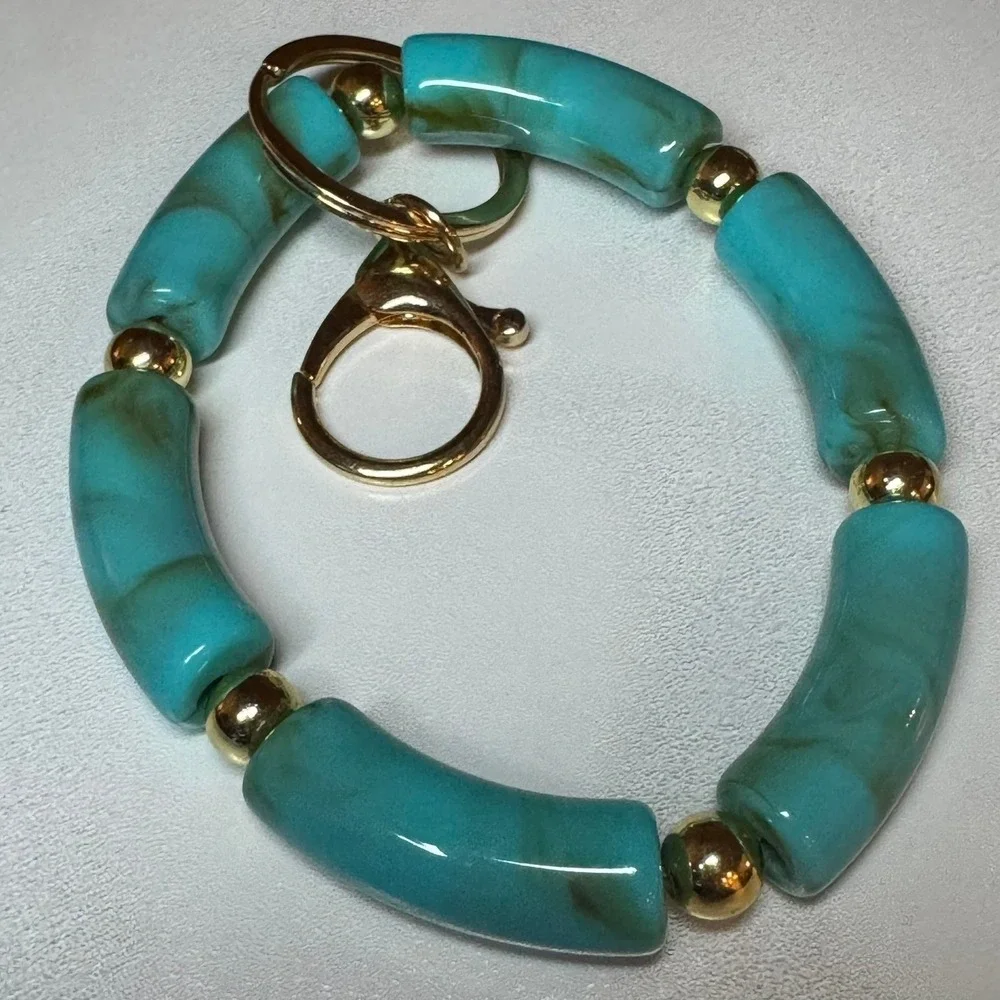 Turquoise‎ Beaded Keychain Bracelet Gold Tone Clasp Bag Charm